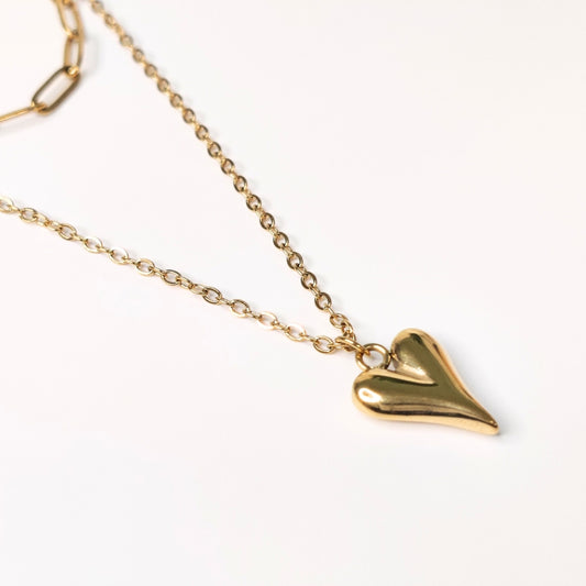 Layered Heart Harmony, 18K Gold PVD Stainless Steel Loop and Paperclip Layered Chain Heart Charm Necklace