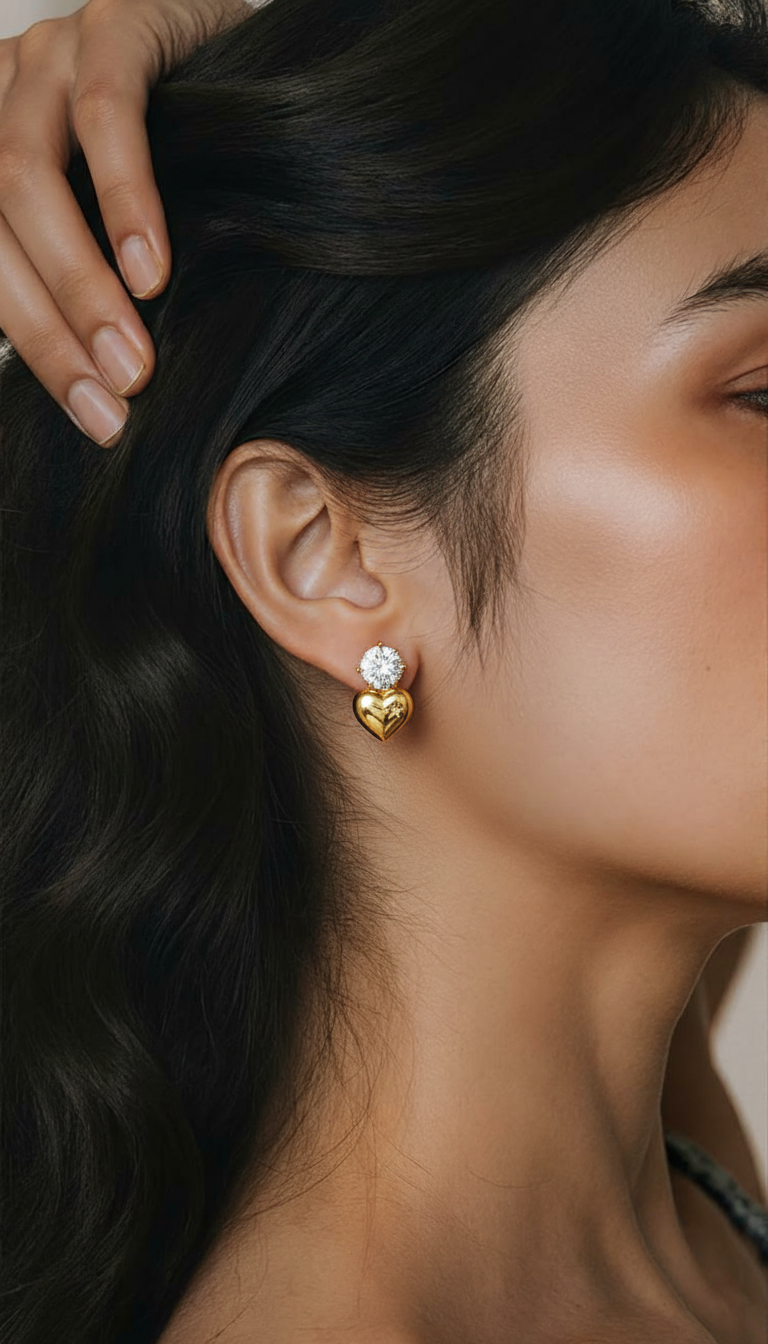 Golden Heart Sparkle Earrings,18k Gold Plated, Stainless Steel