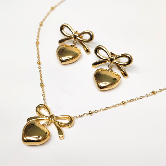 Bow-tied Love Pendant Set, 18K Gold Plated Bowknot Love Heart Pendant Necklace and Earrings