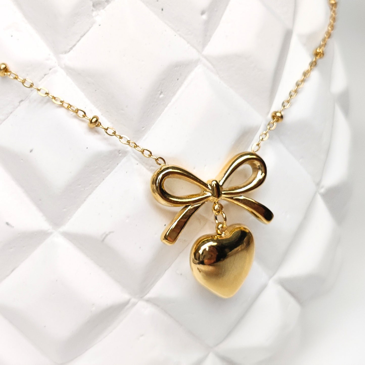 Bow-tied Love Pendant Set, 18K Gold Plated Bowknot Love Heart Pendant Necklace and Earrings