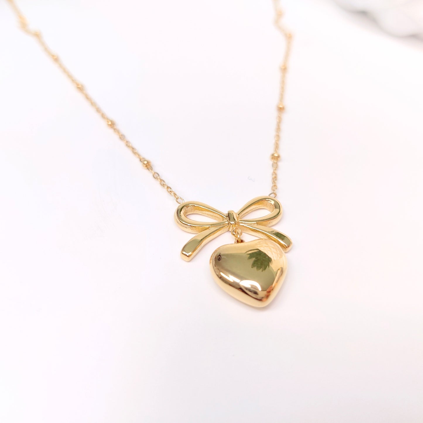 Bow-tied Love Pendant Set, 18K Gold Plated Bowknot Love Heart Pendant Necklace and Earrings