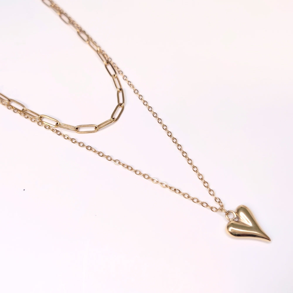 Layered Heart Harmony, 18K Gold PVD Stainless Steel Loop and Paperclip Layered Chain Heart Charm Necklace