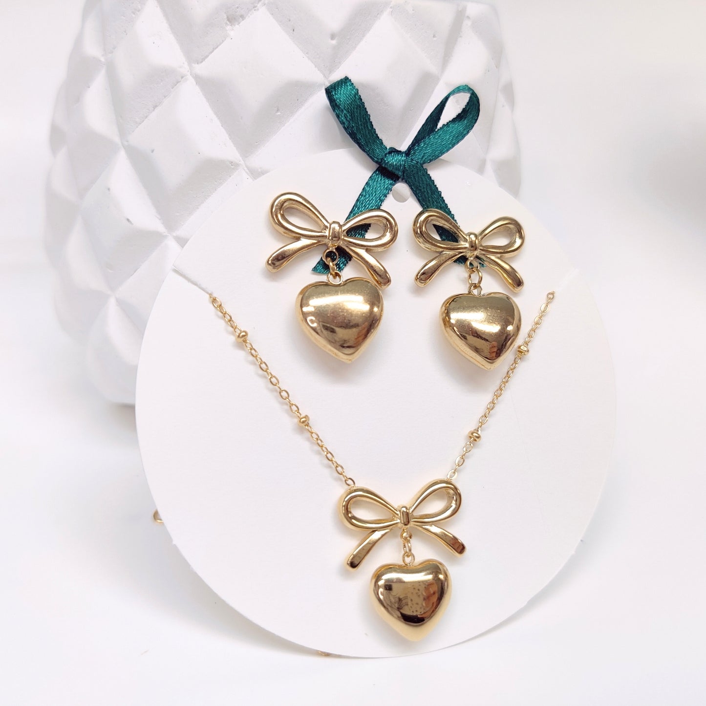 Bow-tied Love Pendant Set, 18K Gold Plated Bowknot Love Heart Pendant Necklace and Earrings