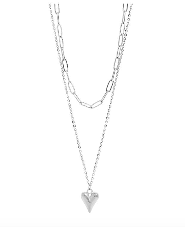 Layered Heart Harmony, 18K Gold PVD Stainless Steel Loop and Paperclip Layered Chain Heart Charm Necklace