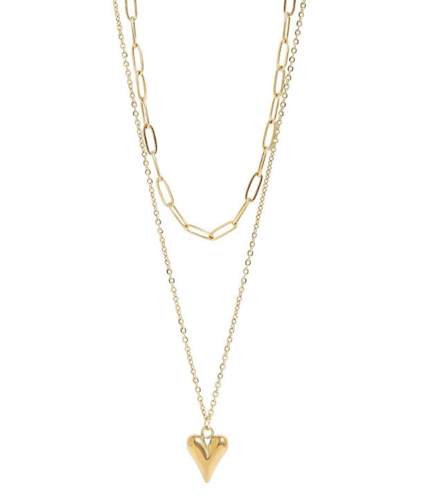 Layered Heart Harmony, 18K Gold PVD Stainless Steel Loop and Paperclip Layered Chain Heart Charm Necklace